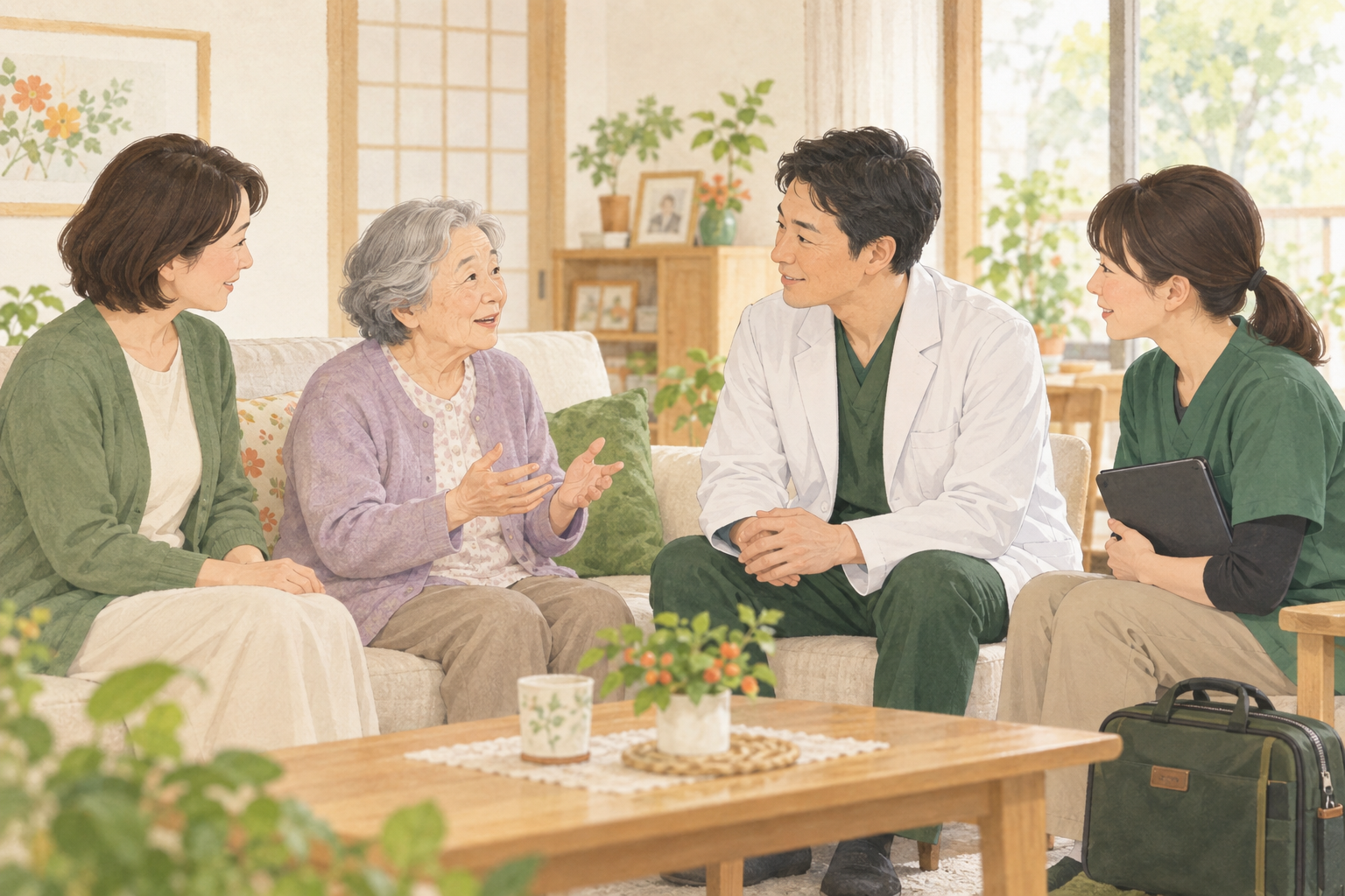 自宅の居間で、患者さんとご家族が医師と同行スタッフと話しているイラスト